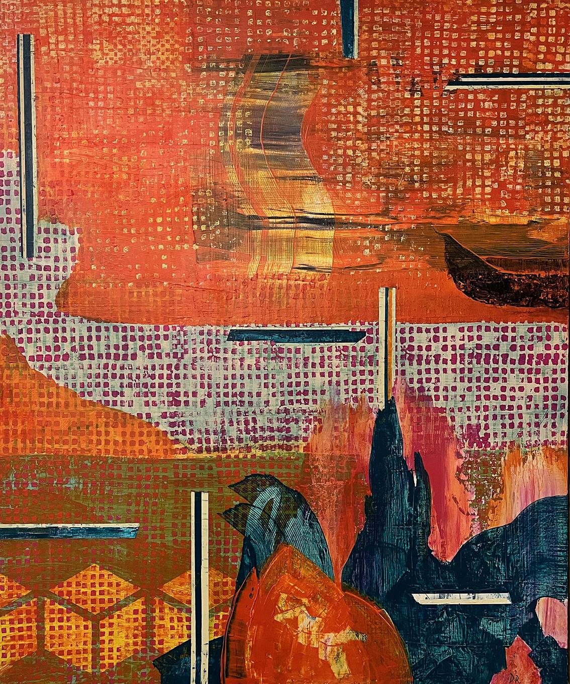 Großes abstraktes orangefarbenes Acrylgemälde auf Sperrholz „Synchronous Change“ – Mixed Media Art von Dave Robertson
