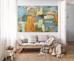 Peinture acrylique abstraite surdimensionnée bleue et orange sur contreplaqué « Come As You Are »