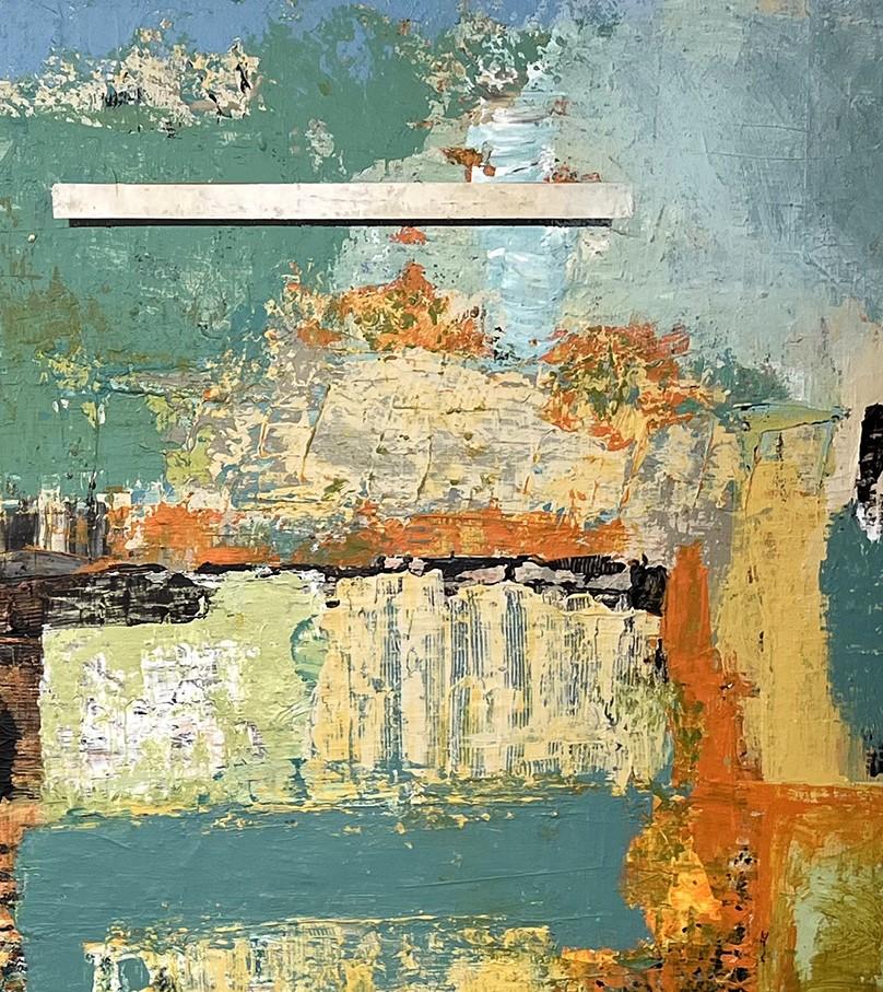 Pittura acrilica astratta blu e arancione di grandi dimensioni su compensato 