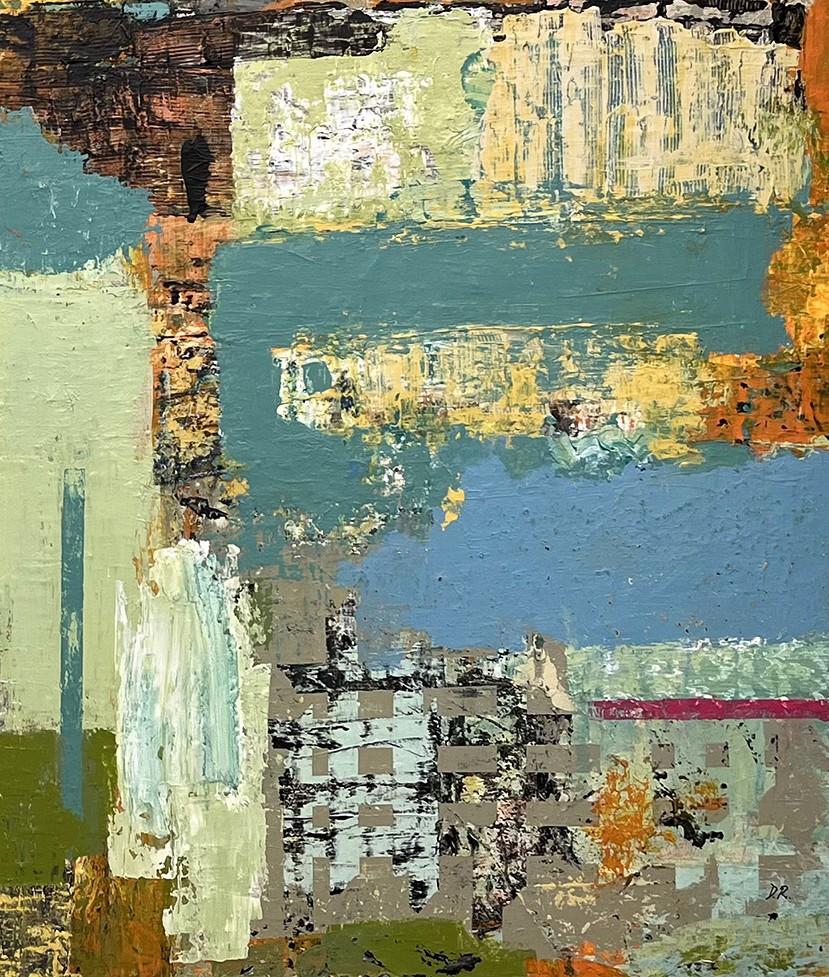 Pittura acrilica astratta blu e arancione di grandi dimensioni su compensato 