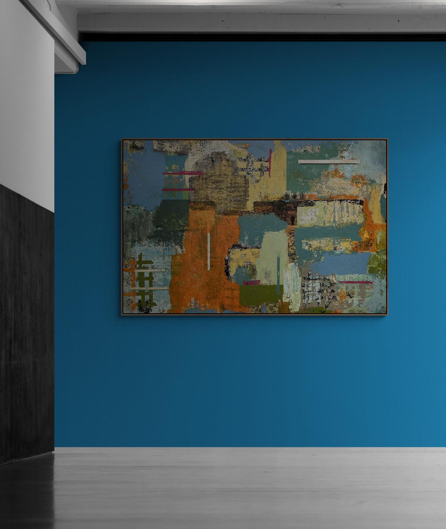 Pittura acrilica astratta blu e arancione di grandi dimensioni su compensato 