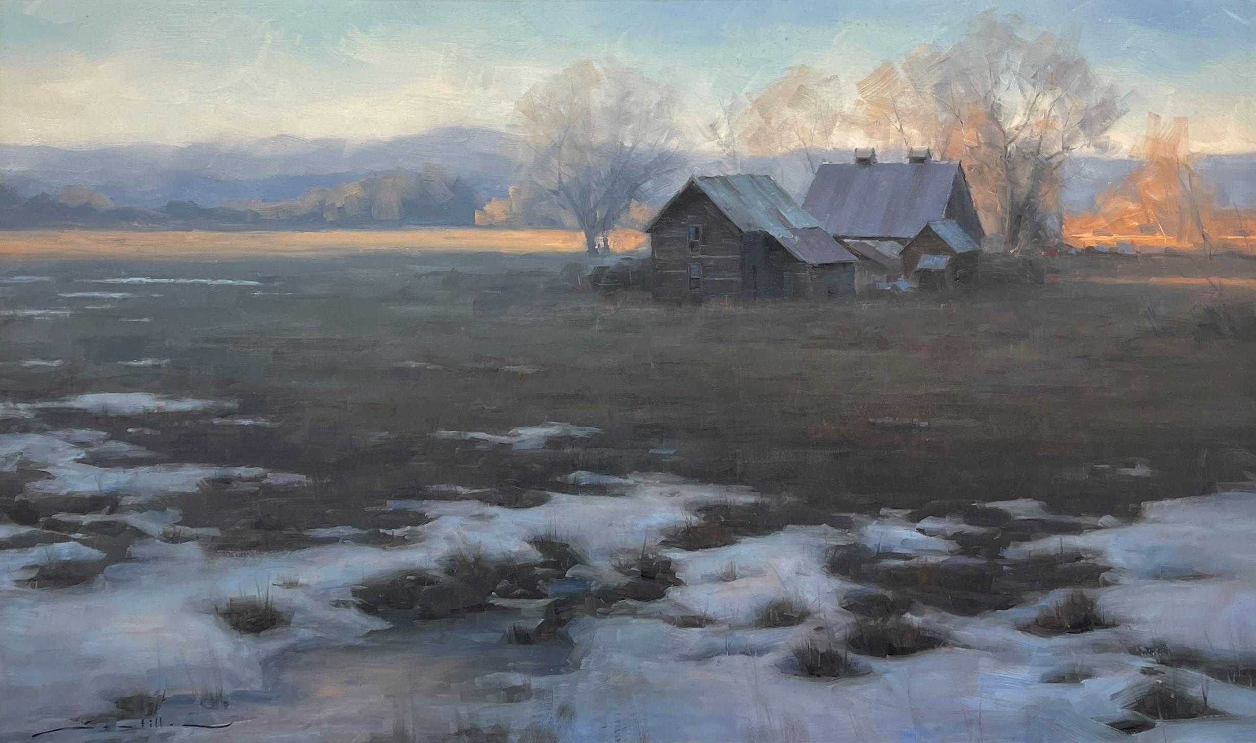 Landscape Painting di Dave Santillanes - Remnants - Sereno paesaggio ad olio di fienili rurali alla luce dell'inverno, 2017