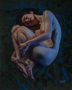 "Chrysalis" by Dave Seeley, Figurative Oil Painting of Nude Female in Fetal Pose