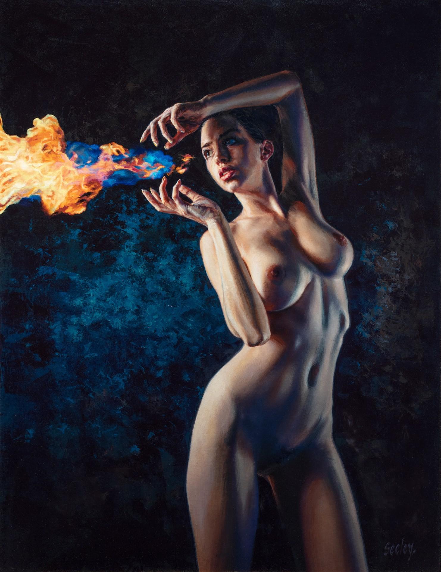"Elemental Fire Starter" - Peinture à l'huile artistique d'une figure nue