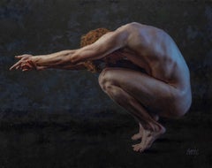 "Offering" – Oil Figure Painting of a Crouching Nude Male by Dave Seeley