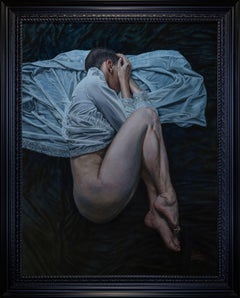 "See No Evil" – Figurative Oil Painting of Nude Female Figure in Lace Blouse