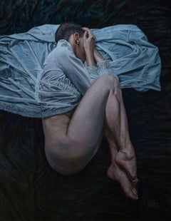 "See No Evil" – Figurative Oil Painting of Nude Female Figure in Lace Blouse