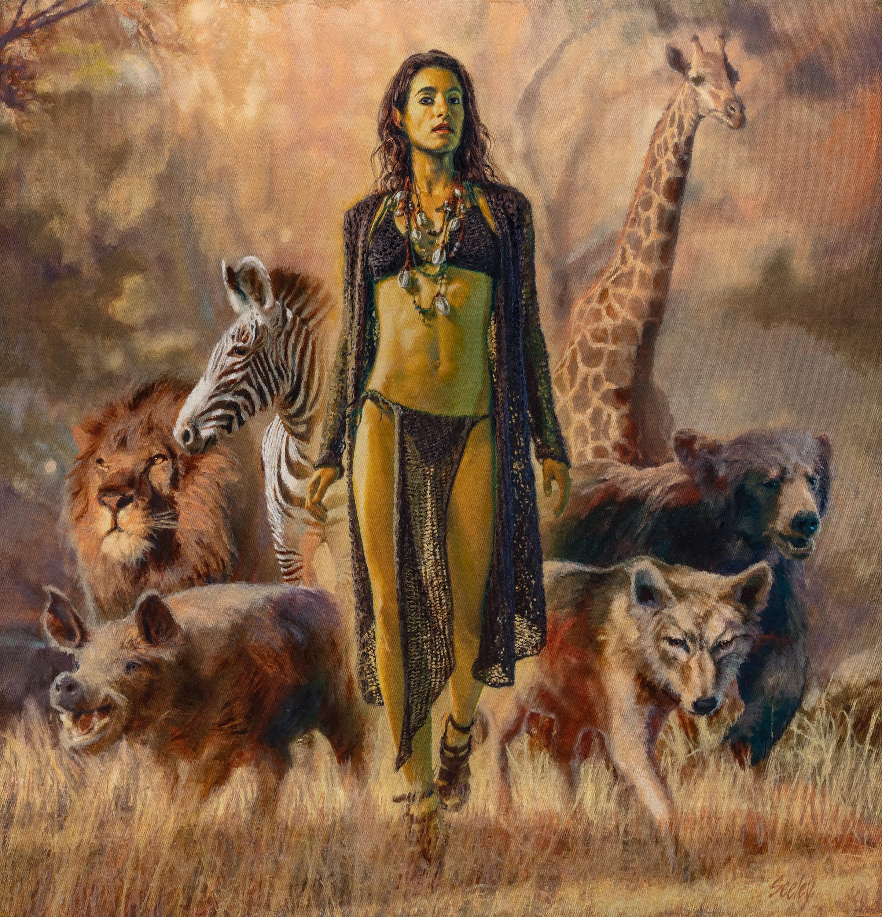 "La Dea Animalia" di Dave Seeley, pittura ad olio figurativa