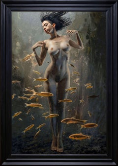 "Venus" by Dave Seeley, Figurative Oil Painting of a Nude Woman with Fish, 2023
