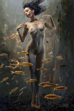 "Venus" by Dave Seeley, Figurative Oil Painting of a Nude Woman with Fish, 2023