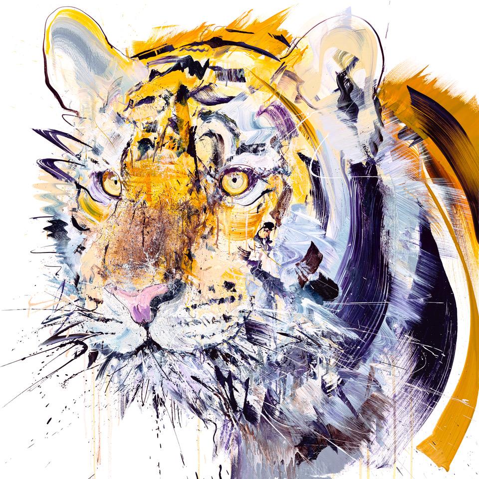Figurative Painting Dave White - Tigre - Peinture originale sur lin 