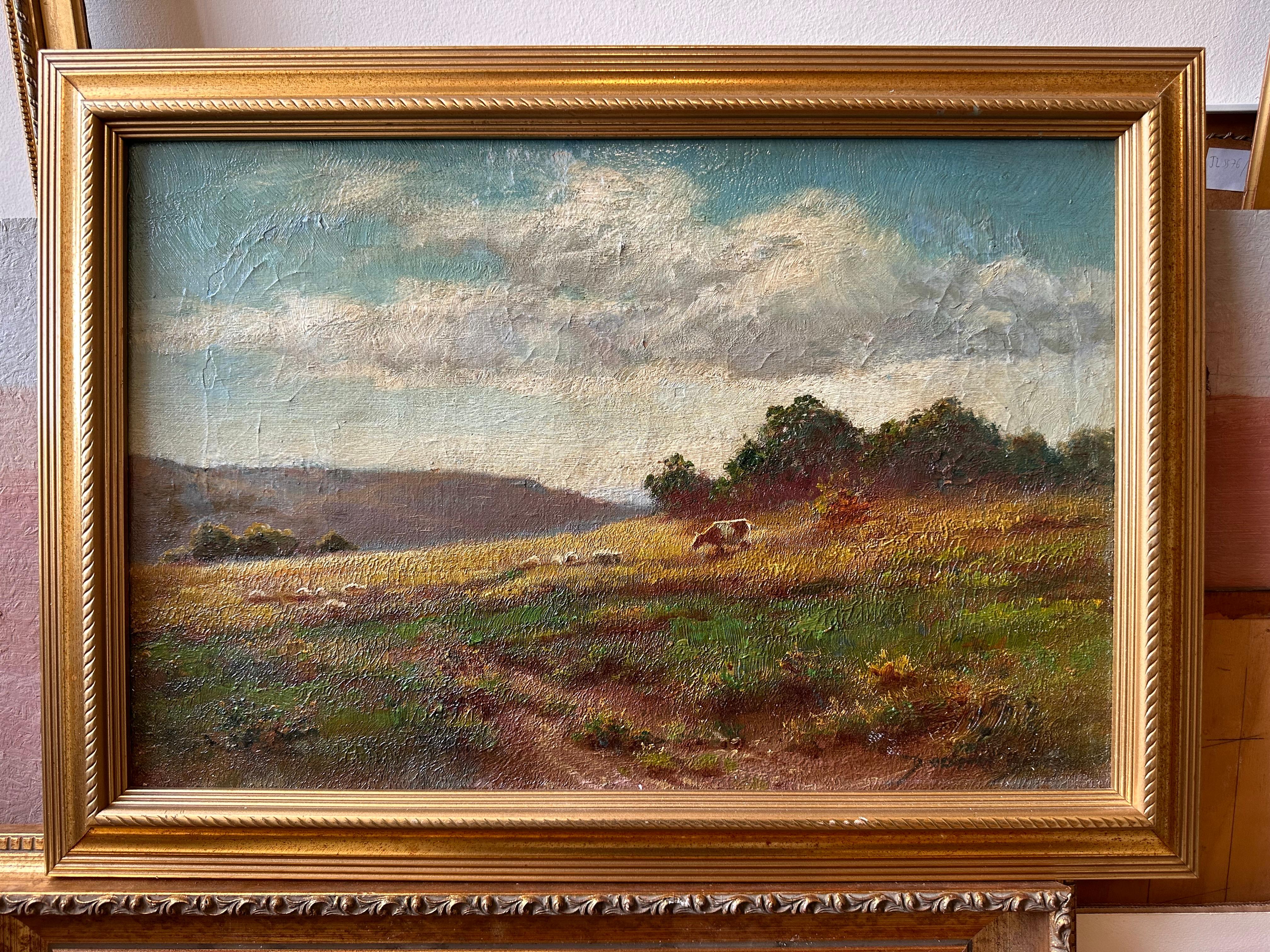Sheep and cattle on hillside in summer
Davenport Bates (1867-1930) British
signed oil on canvas, framed - signature very faint in paint
16 x 22 inches
12 x 18 inches
the painting has had former restoration and retouching, but is is in overall very