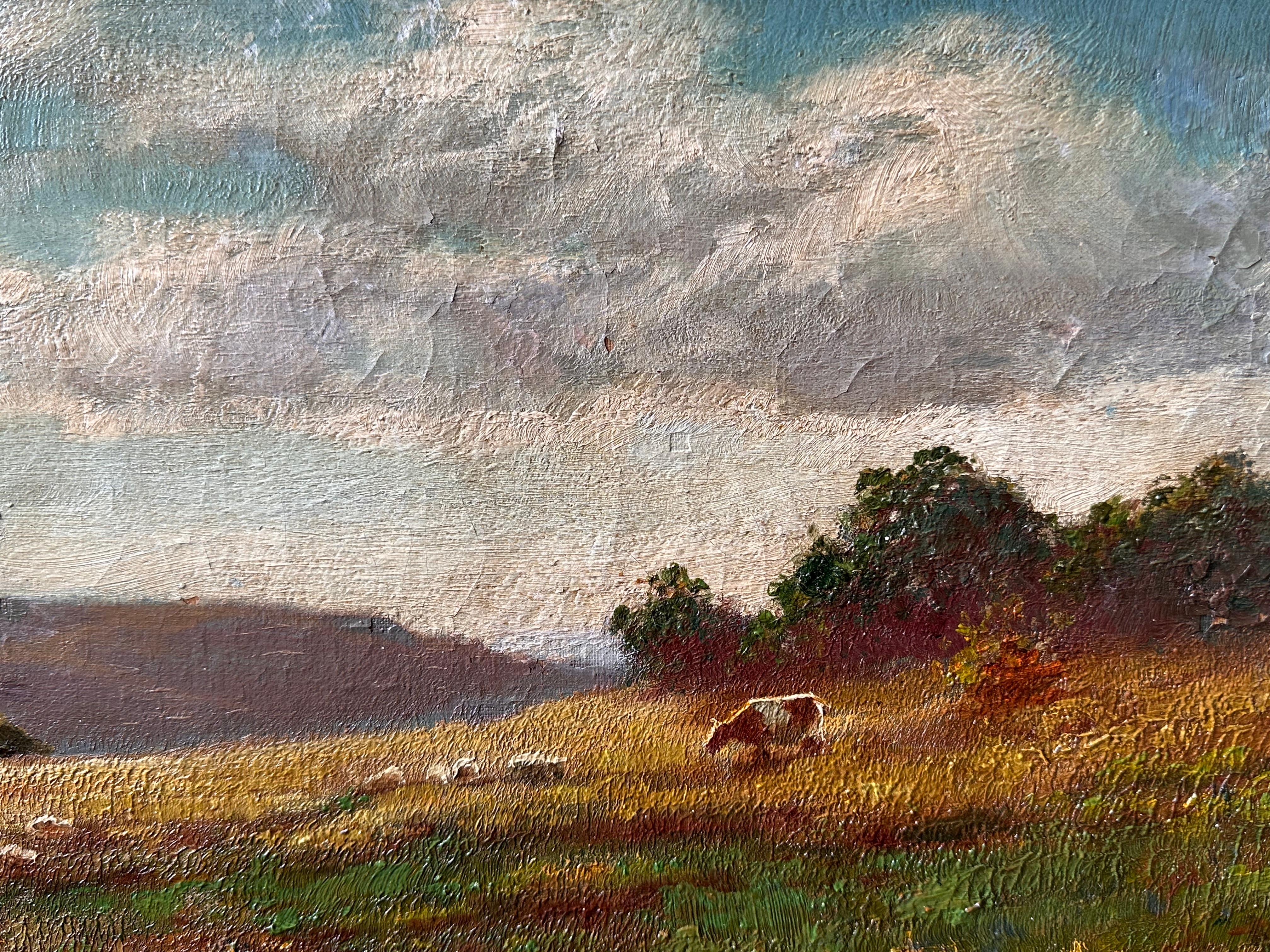 Antique British Pastoral Landscape Oil Painting Sheep Grazing in Meadows 1