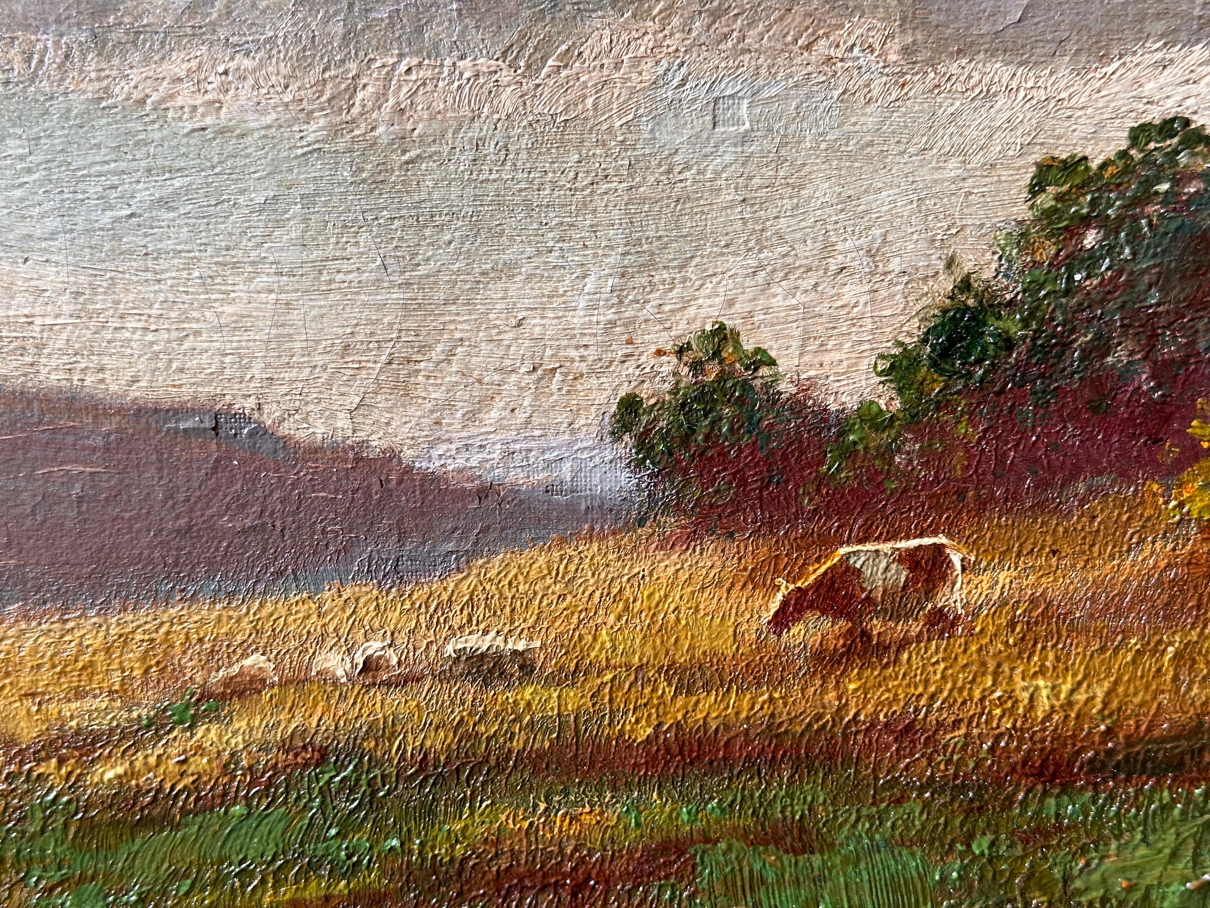 Antique British Pastoral Landscape Oil Painting Sheep Grazing in Meadows 2