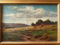 Antique British Pastoral Landscape Oil Painting Sheep Grazing in Meadows