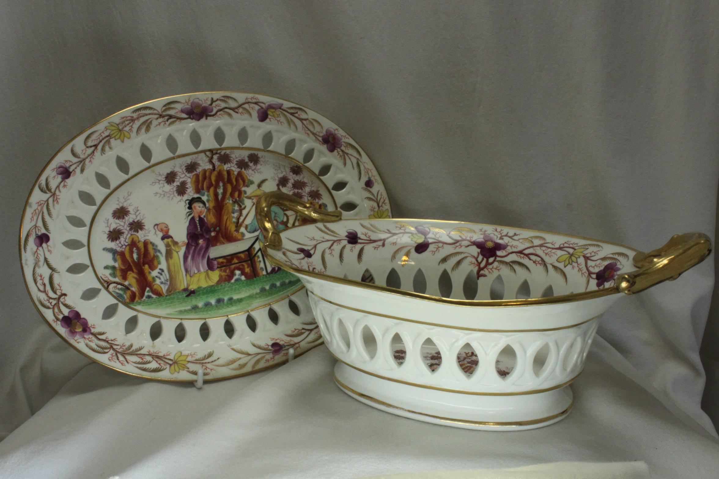 This bone china dessert basket and stand by Davenport is decorated with their hand painted 