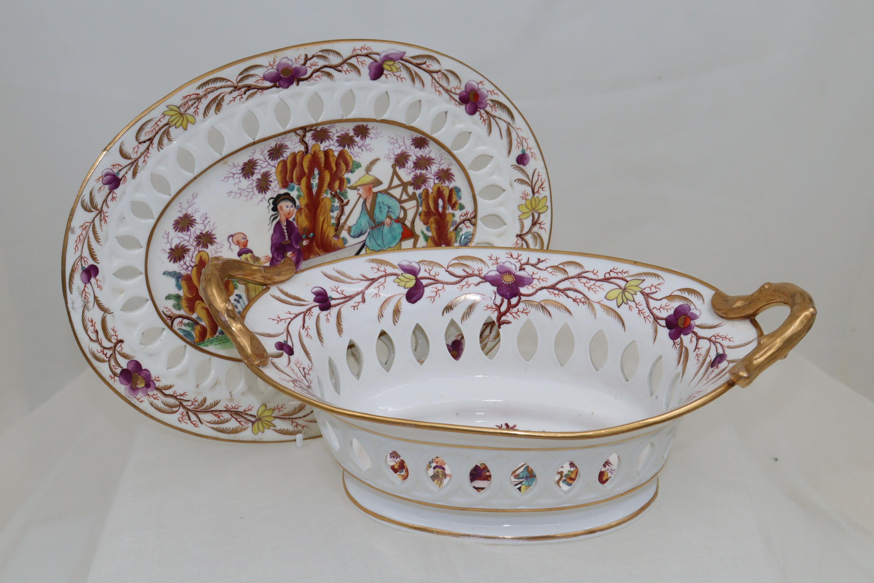 This bone china dessert basket and stand by Davenport is decorated with their hand painted 