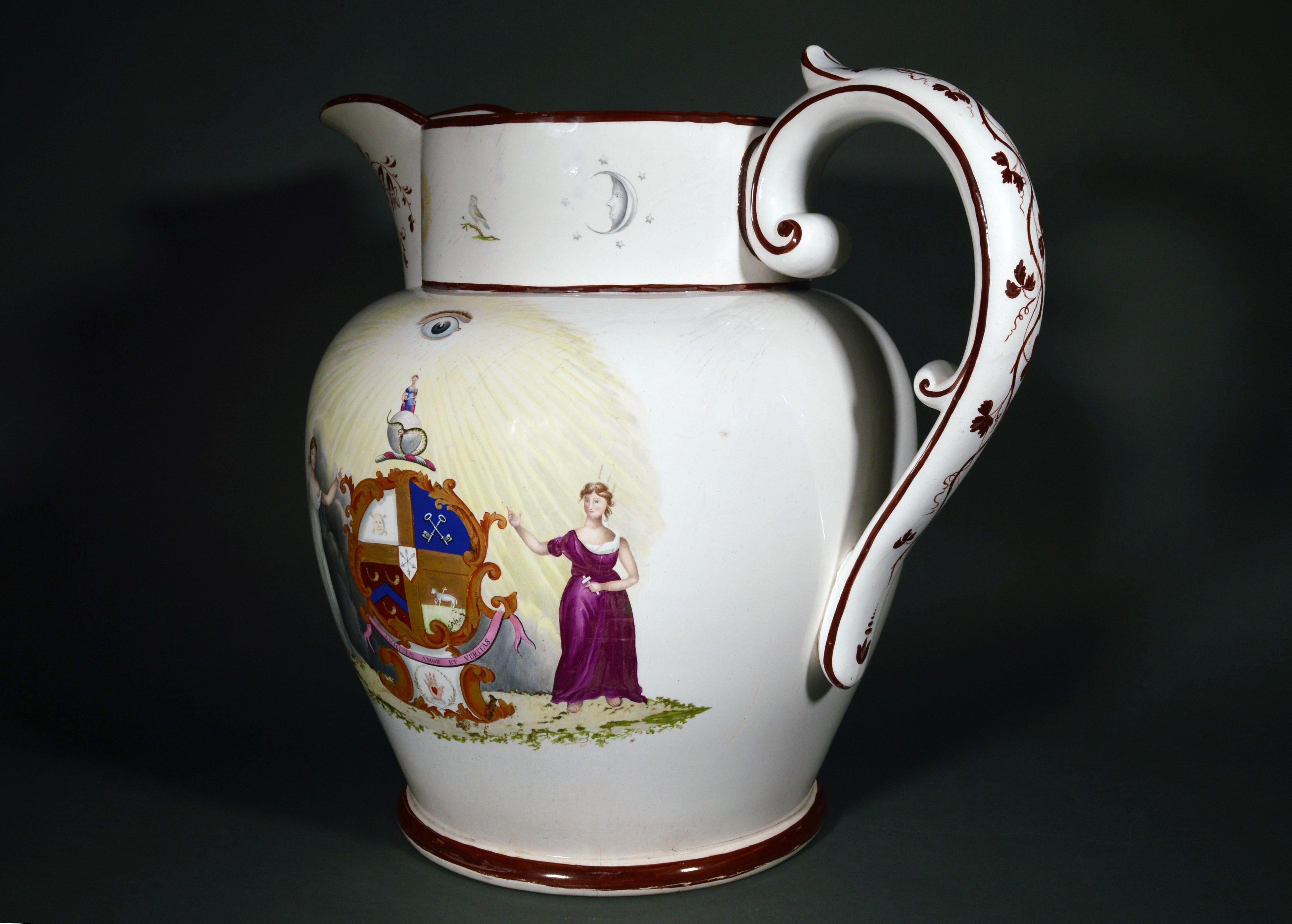 Late 19th Century Davenport Pearlware Pottery Massive Presentation Jug, Arms of the Oddfellows