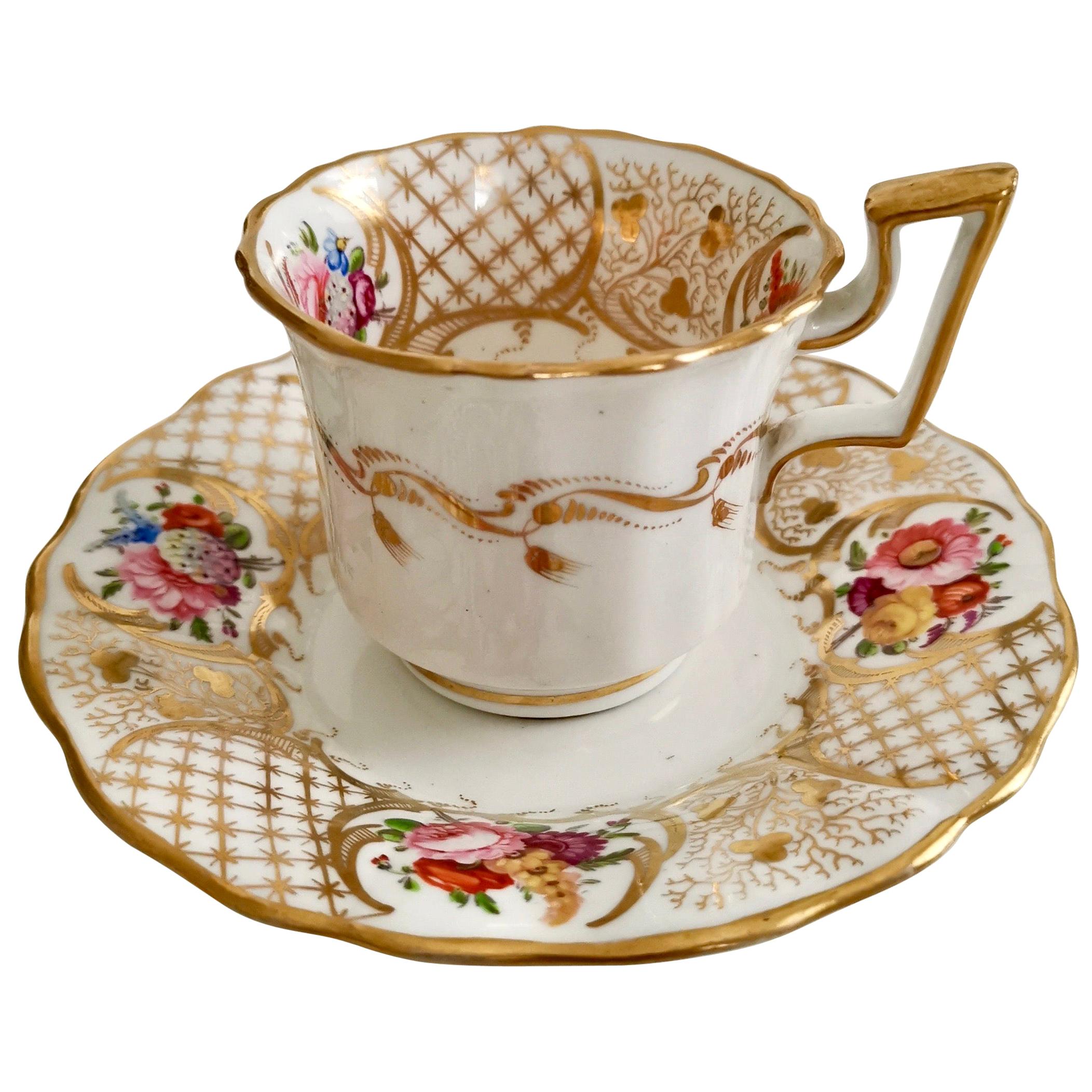 Davenport Porcelain Coffee Cup, Gilt, Hand Painted Flowers, Regency ca 1825