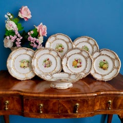 Davenport Porcelain Dessert Service, White, Handpainted Fruits, Victorian 1869