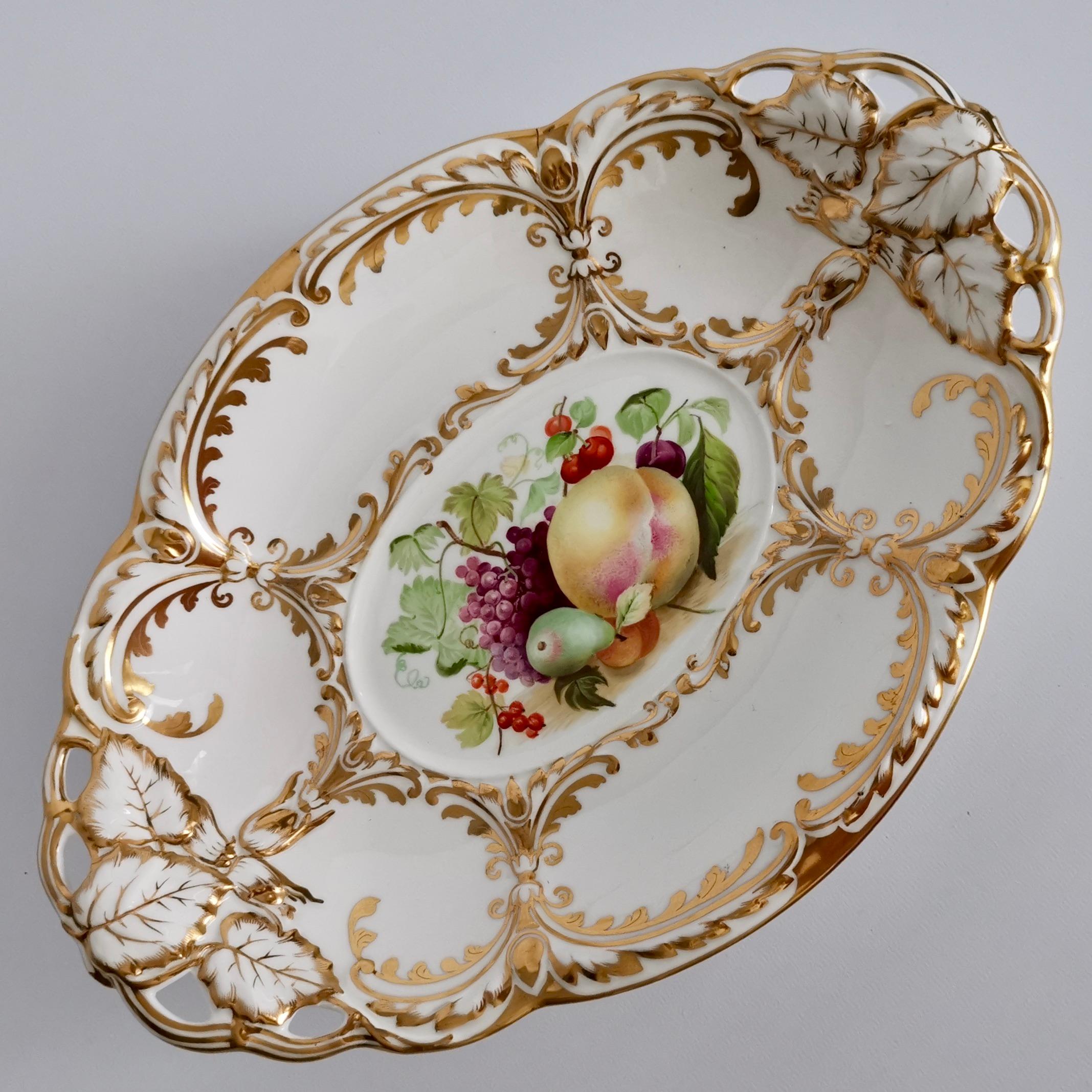 English Davenport Porcelain Dessert Service, White, Handpainted Fruits, Victorian 1869