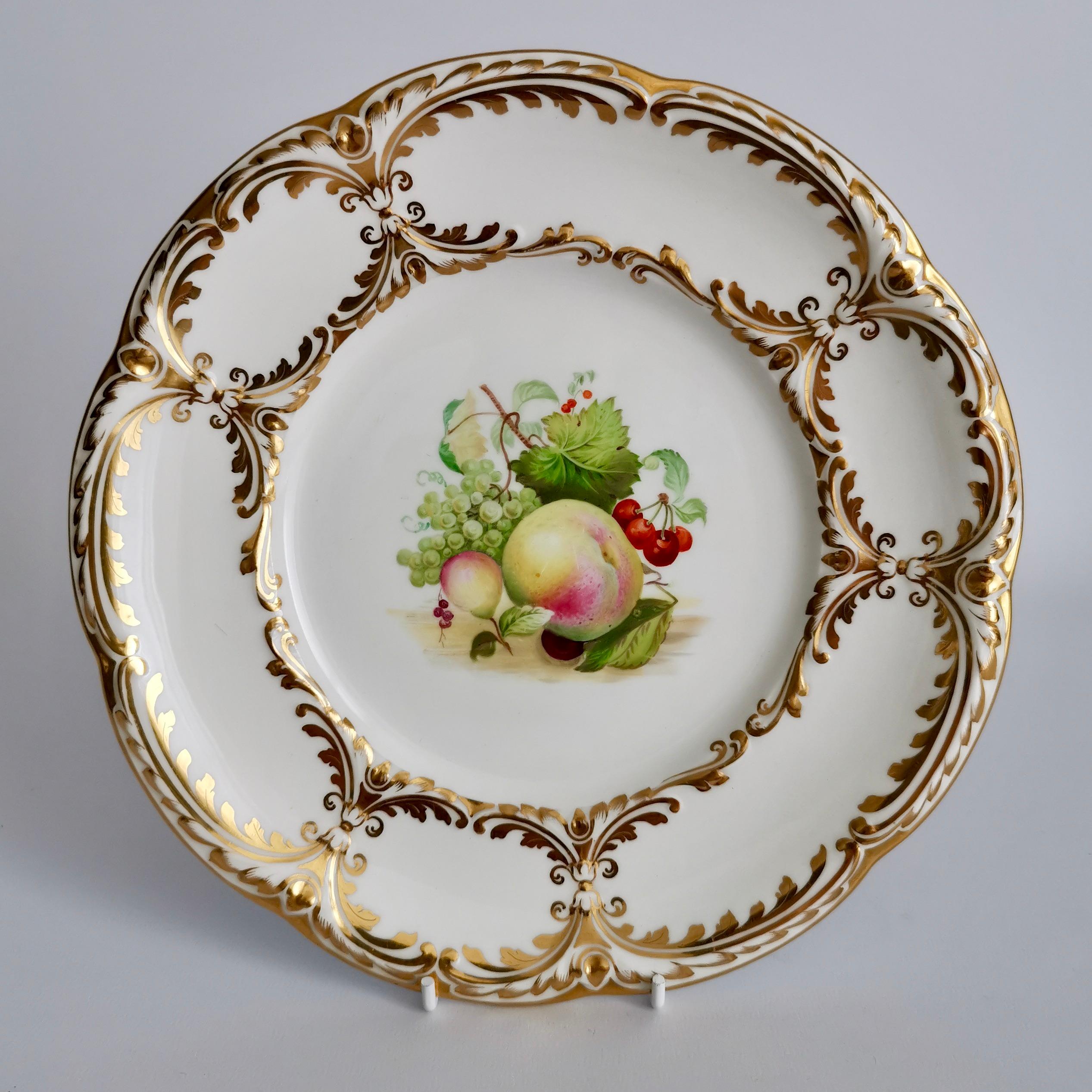 Davenport Porcelain Dessert Service, White, Handpainted Fruits, Victorian 1869 1