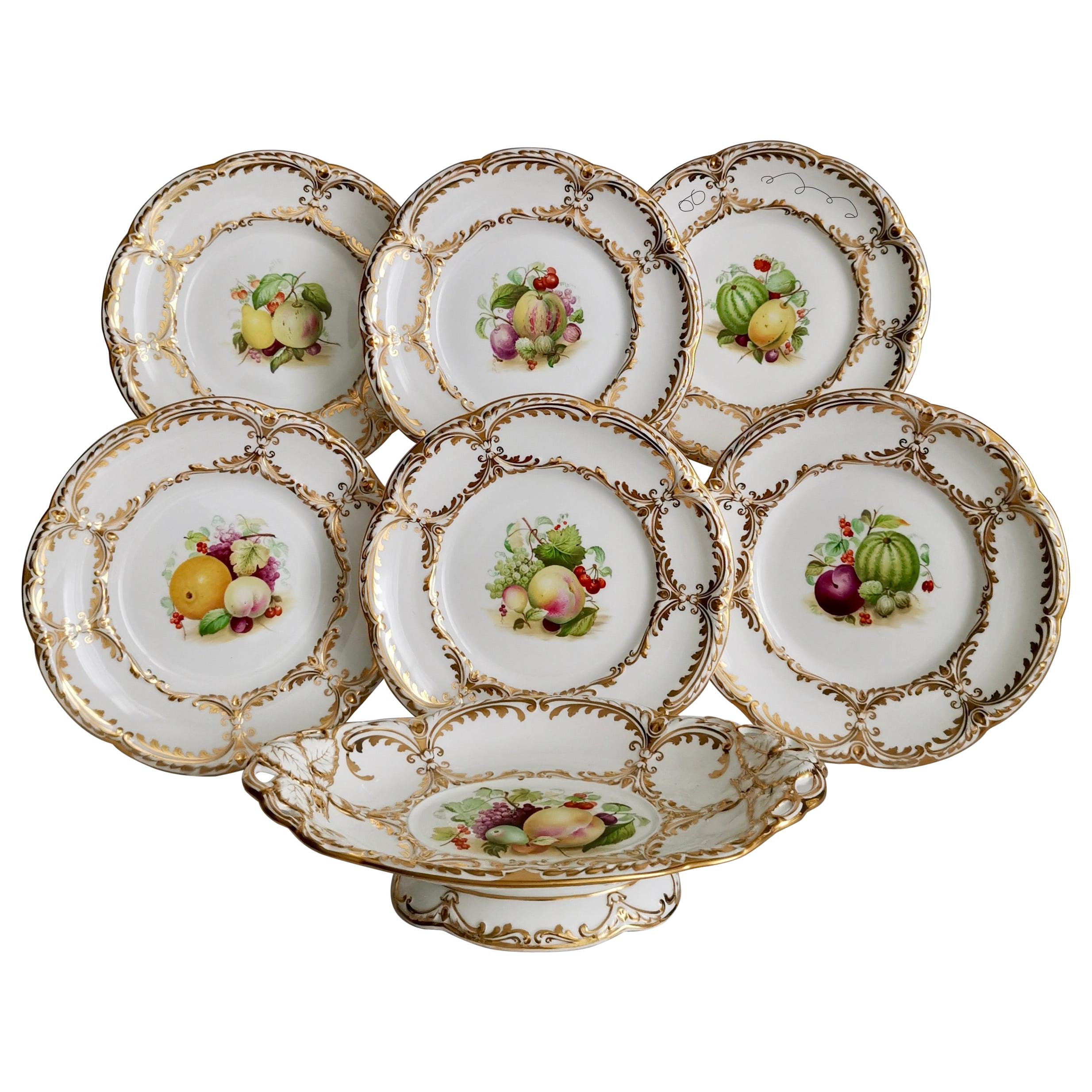 Davenport Porcelain Dessert Service, White, Handpainted Fruits, Victorian 1869