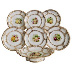 Antique Davenport Porcelain Dessert Service, White, Handpainted Fruits, Victorian 1869