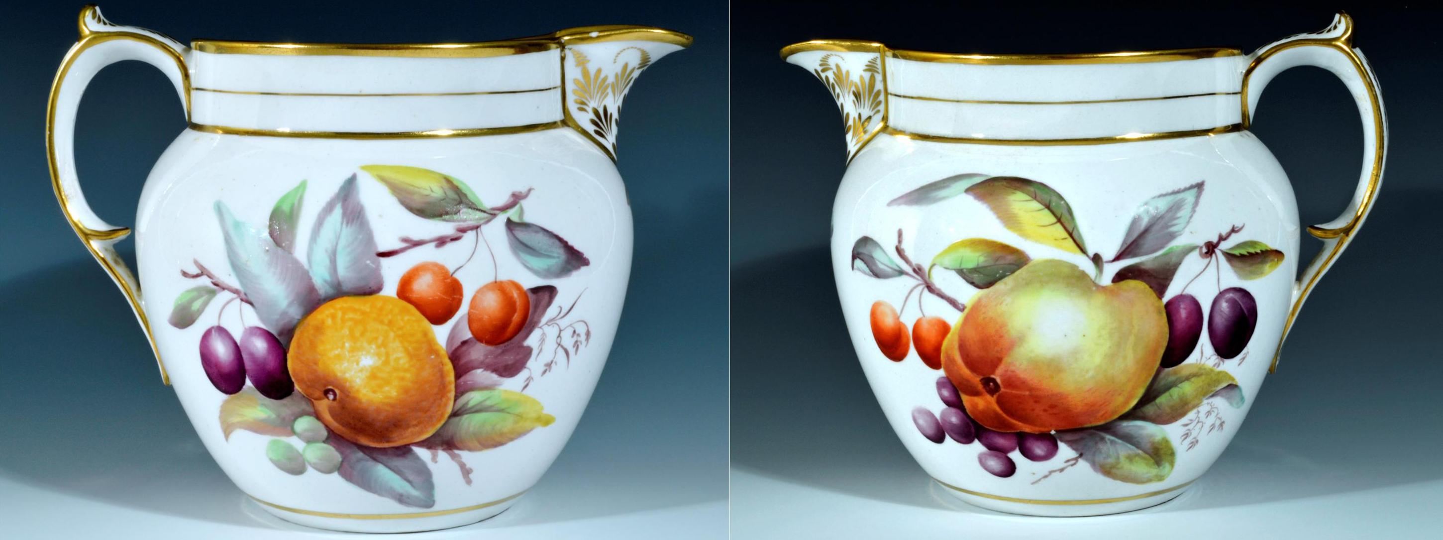 The Davenport Porcelain jug is beautifully painted with groupings of fruit to each side of body and below the spout is a painted pear. Around the rim are gilt bands and the spout and handle are well painted with gilt leaves.

Reference: The same