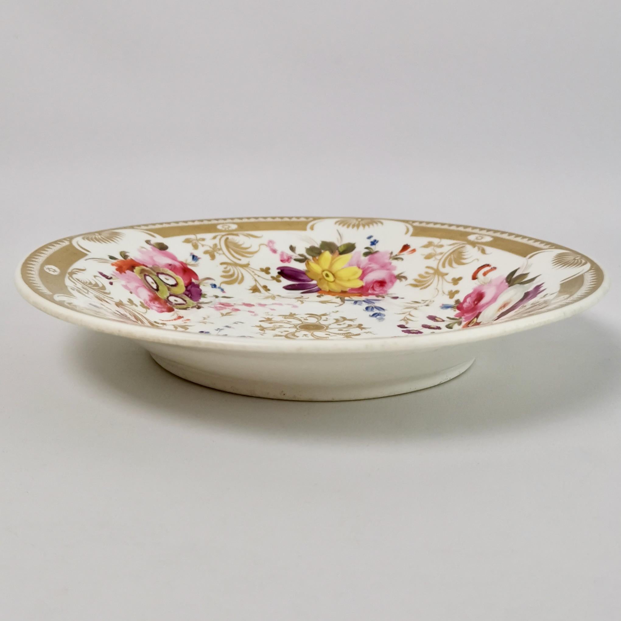 Davenport Porcelain Plate, Gilt and Hand Painted Flowers, Regency ca 1820 5