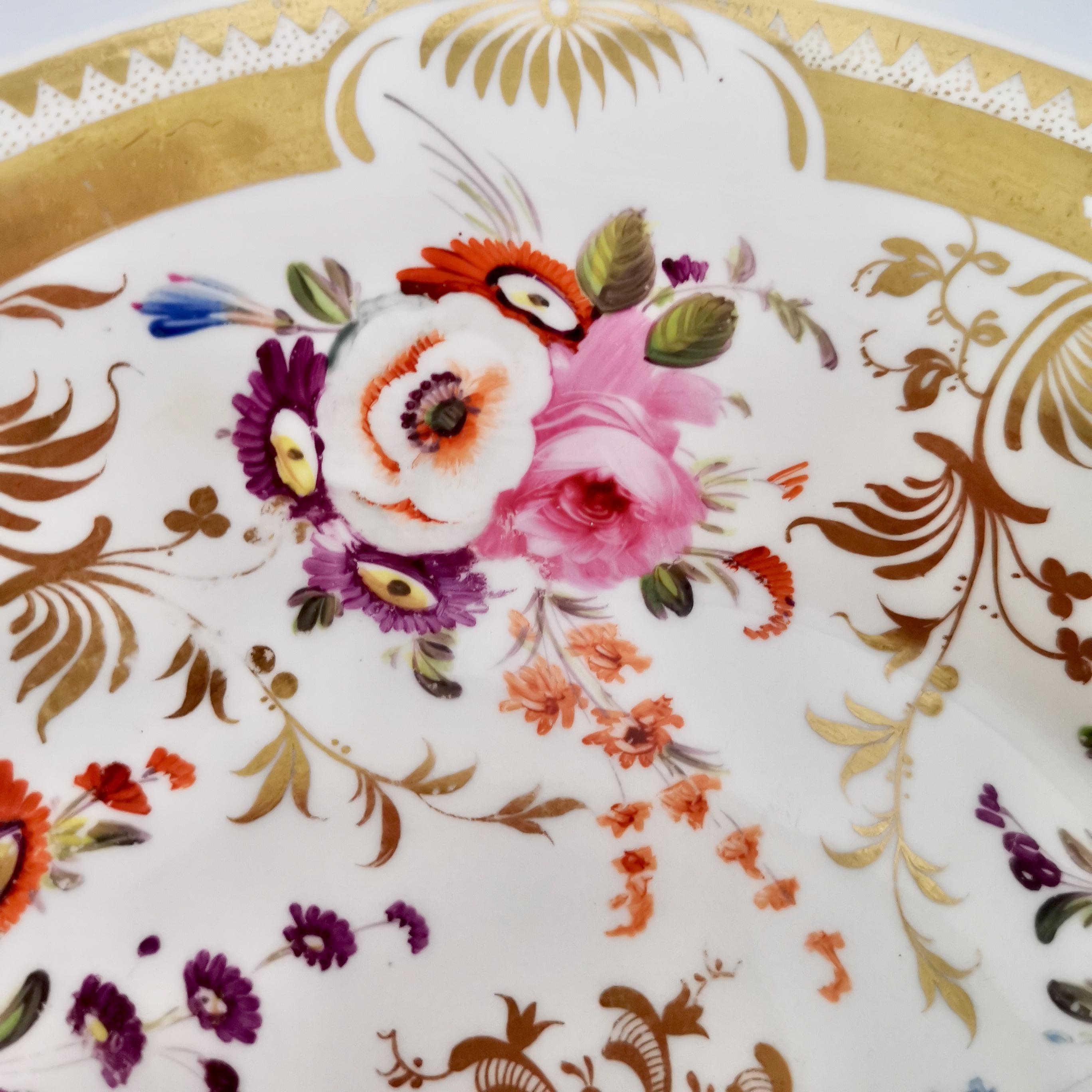 Hand-Painted Davenport Porcelain Plate, Gilt and Hand Painted Flowers, Regency ca 1820