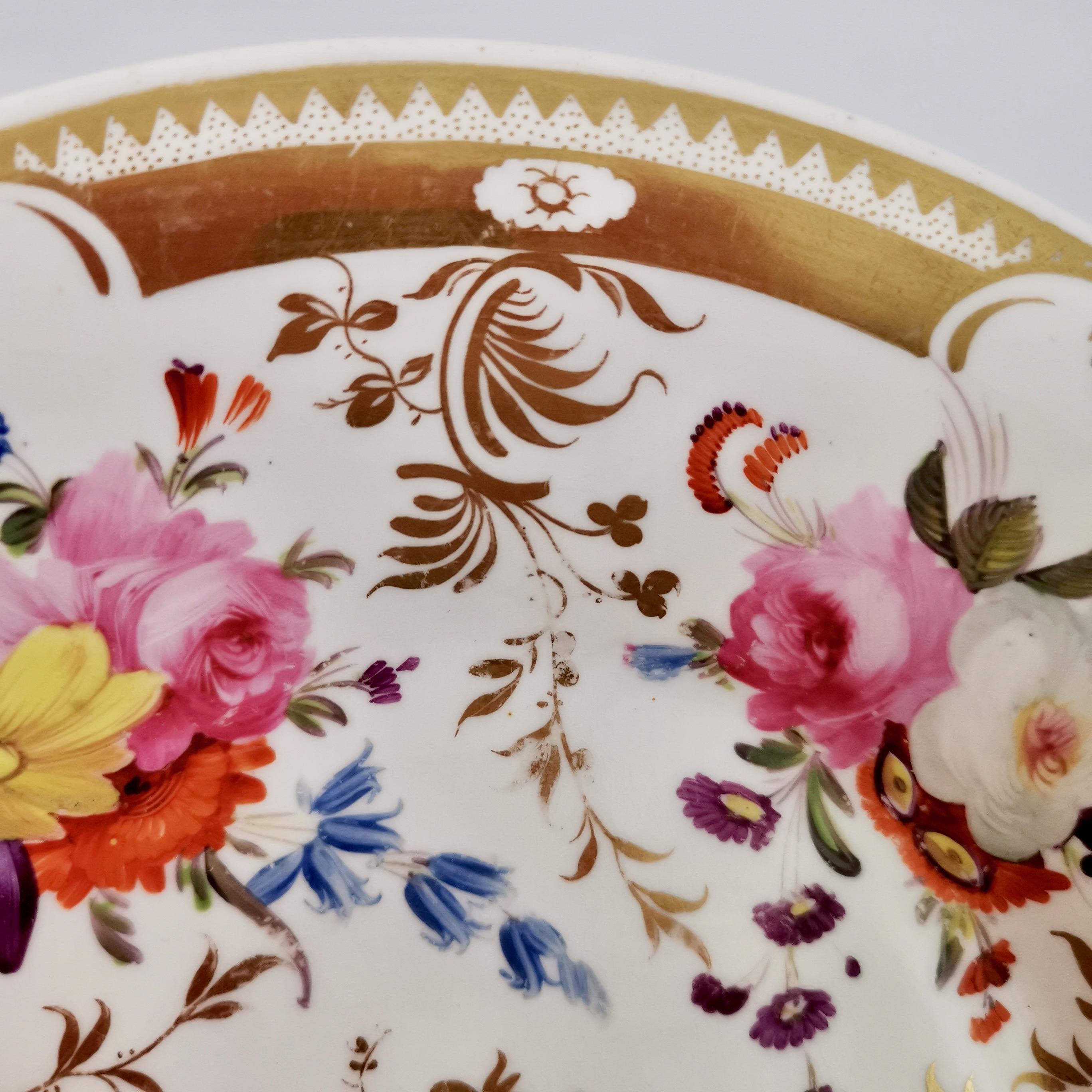 Davenport Porcelain Plate, Gilt and Hand Painted Flowers, Regency ca 1820 1
