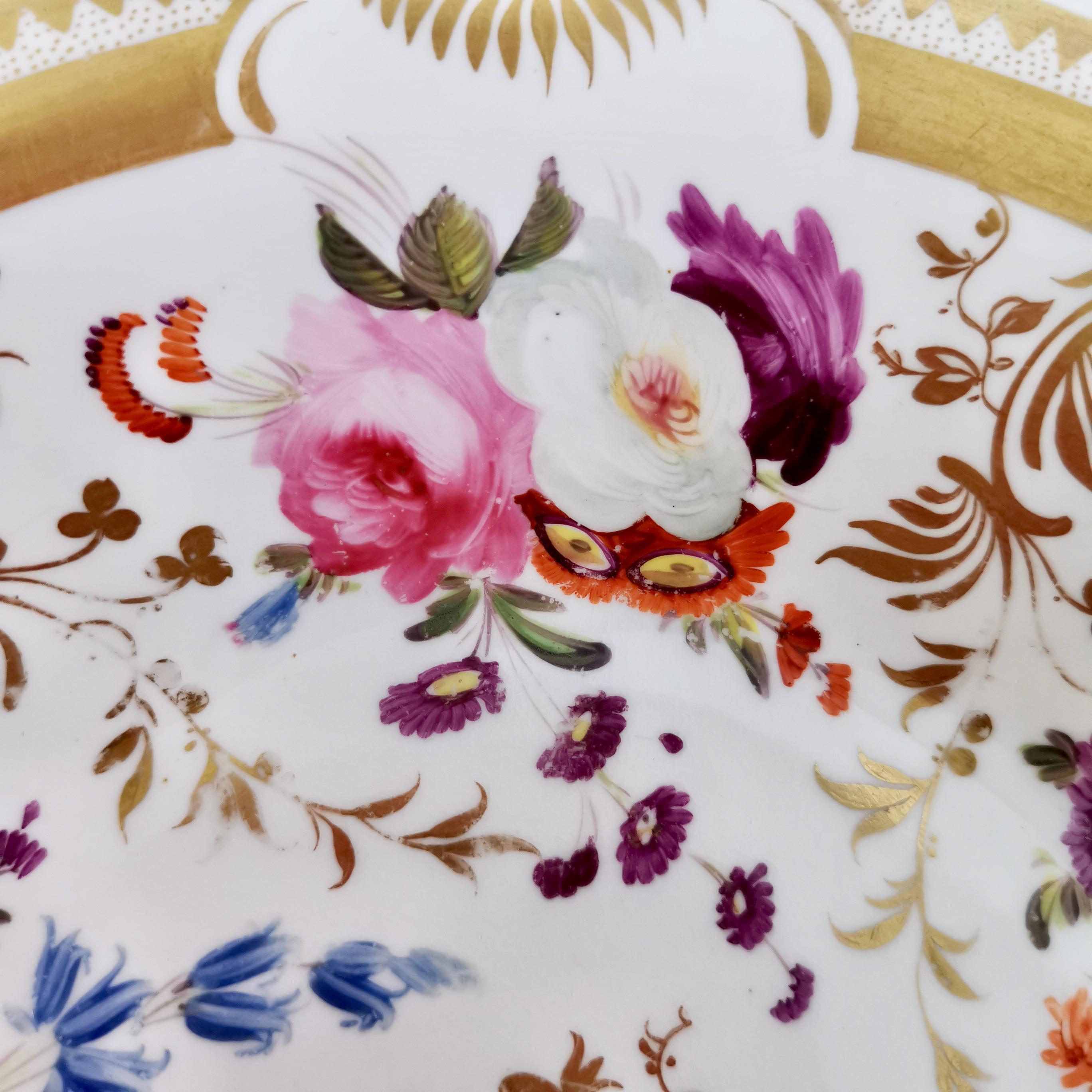 Davenport Porcelain Plate, Gilt and Hand Painted Flowers, Regency ca 1820 2