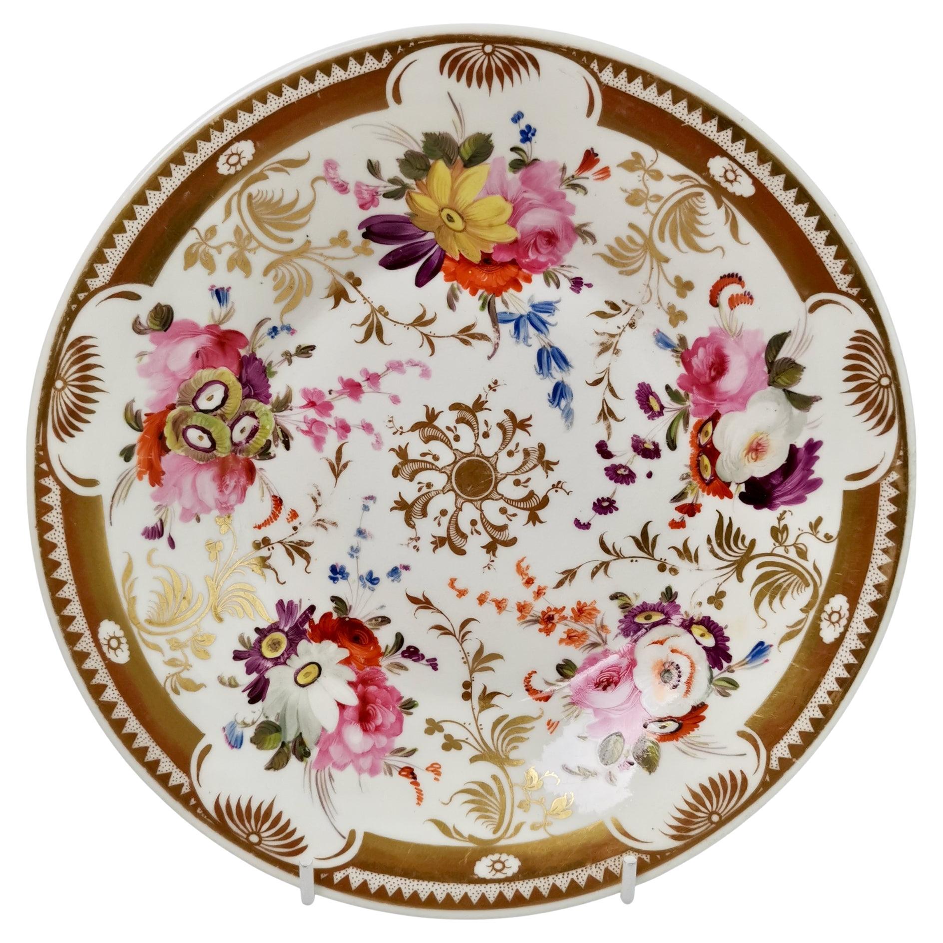 Davenport Porcelain Plate, Gilt and Hand Painted Flowers, Regency ca 1820