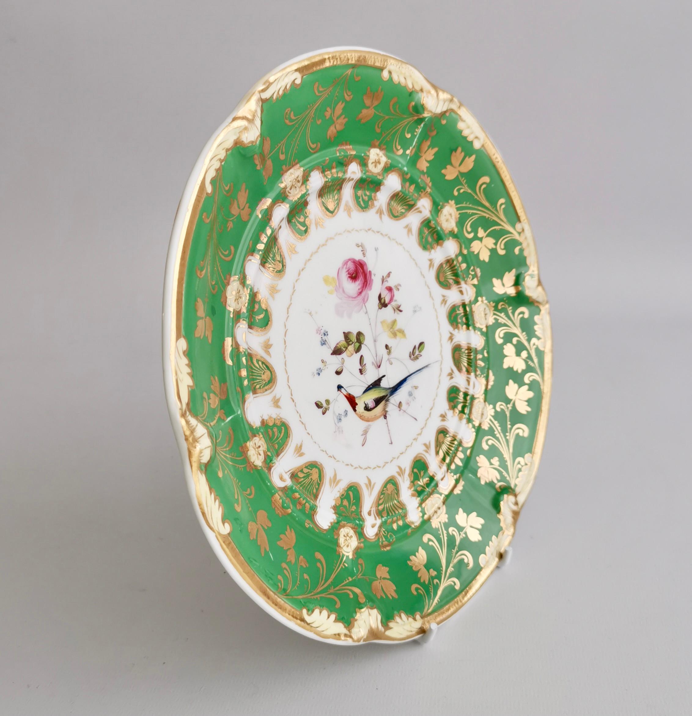 Davenport Porcelain Plate, Green with Rose and Sèvres Bird, ca 1830 4