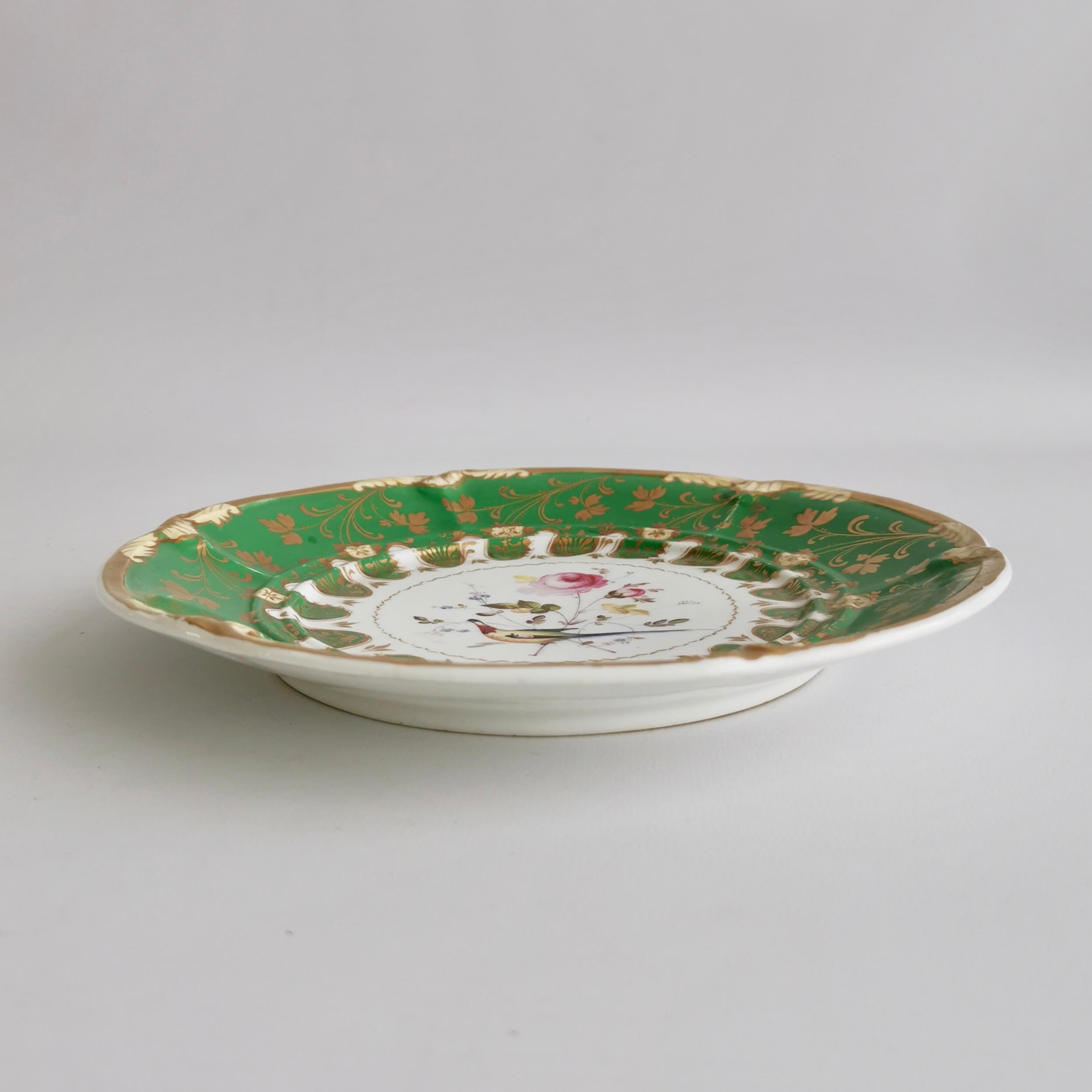 Davenport Porcelain Plate, Green with Rose and Sèvres Bird, ca 1830 5