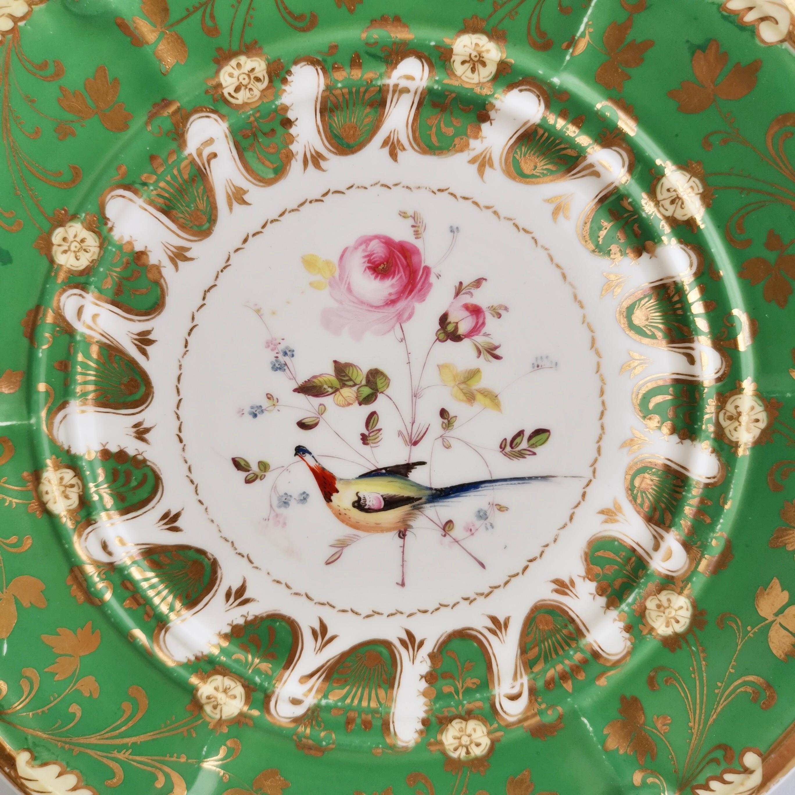 Regency Davenport Porcelain Plate, Green with Rose and Sèvres Bird, ca 1830
