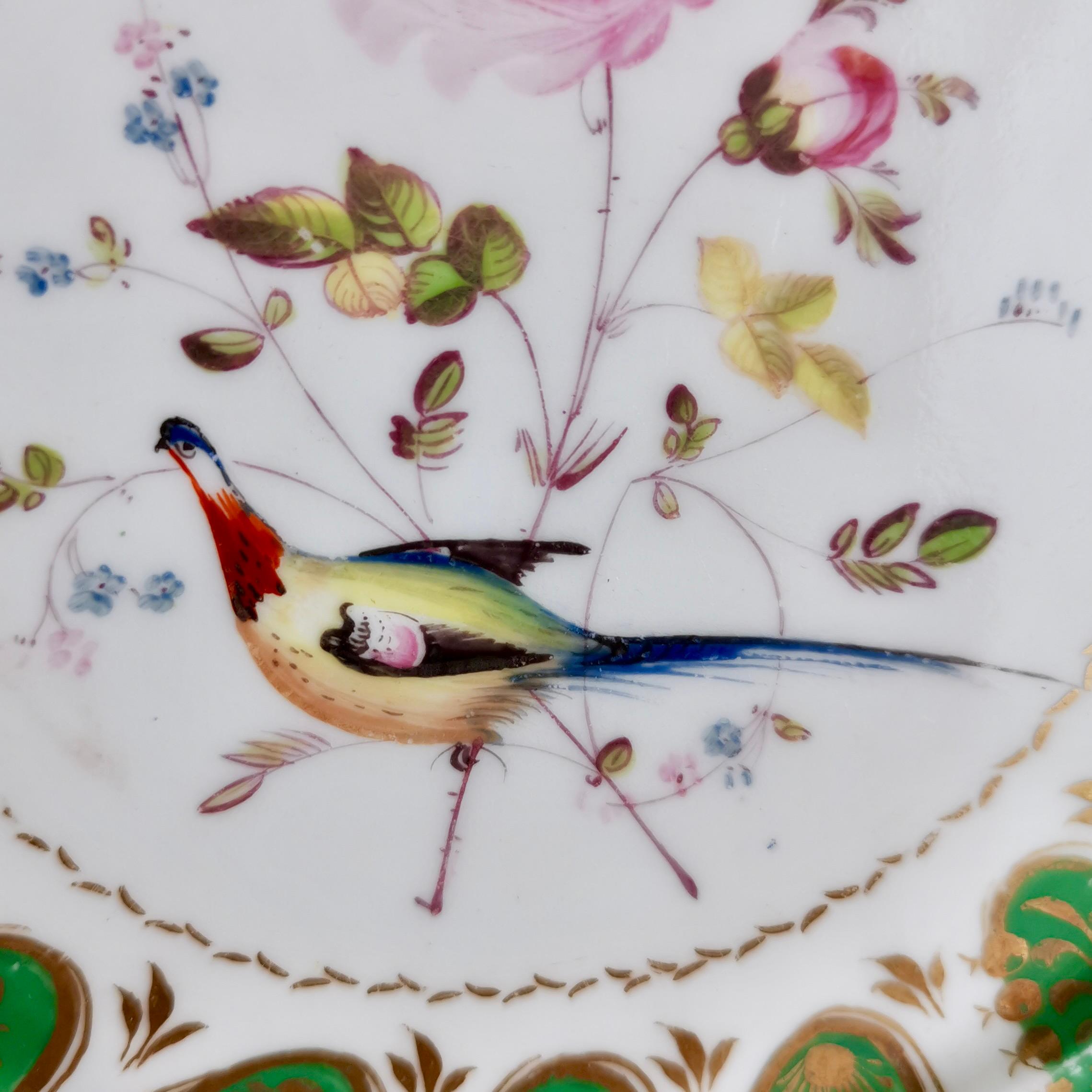 Hand-Painted Davenport Porcelain Plate, Green with Rose and Sèvres Bird, ca 1830