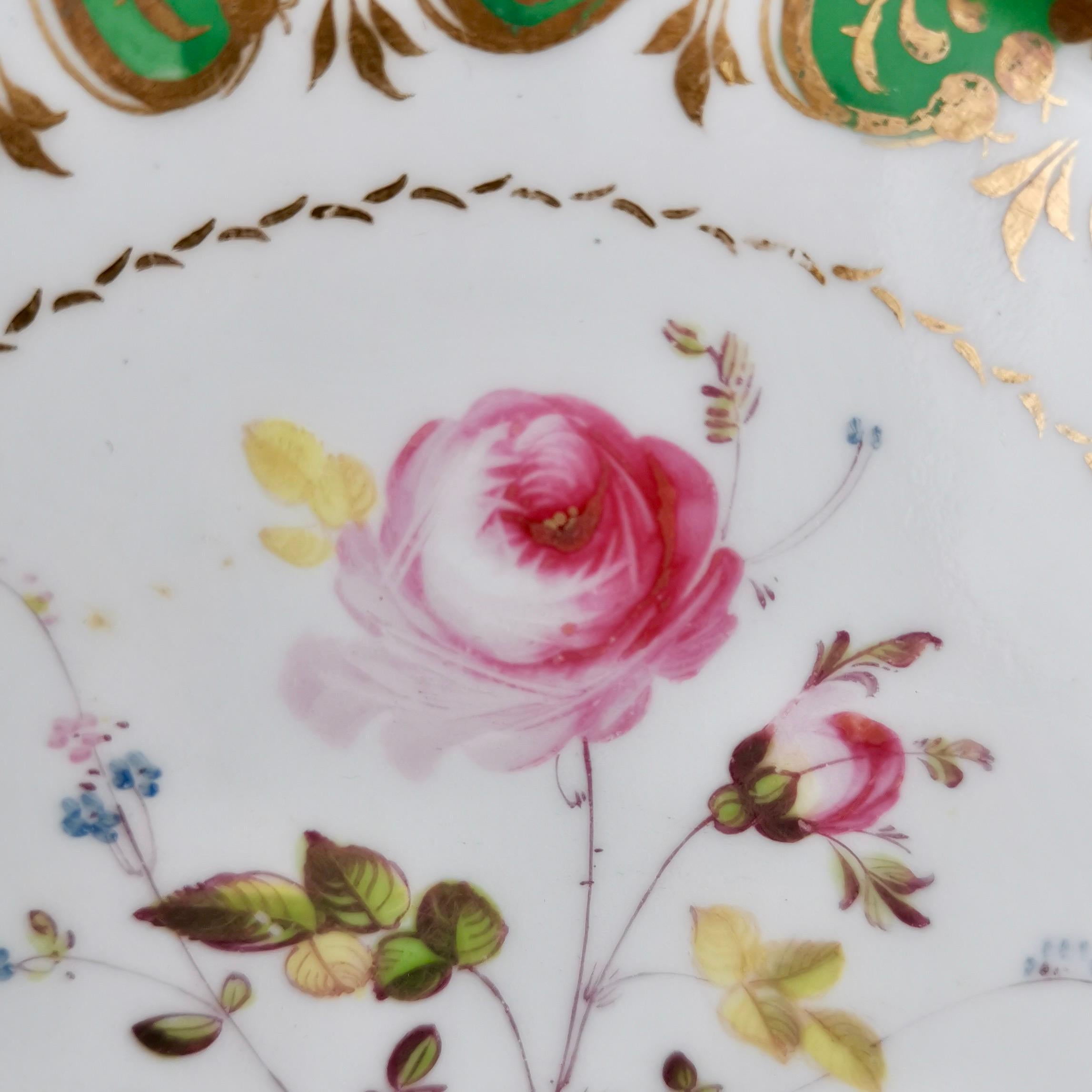 Davenport Porcelain Plate, Green with Rose and Sèvres Bird, ca 1830 In Good Condition In London, GB