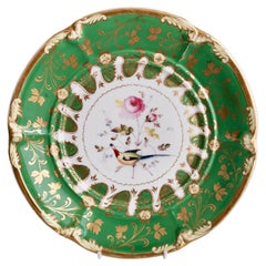 Davenport Porcelain Plate, Green with Rose and Sèvres Bird, ca 1830