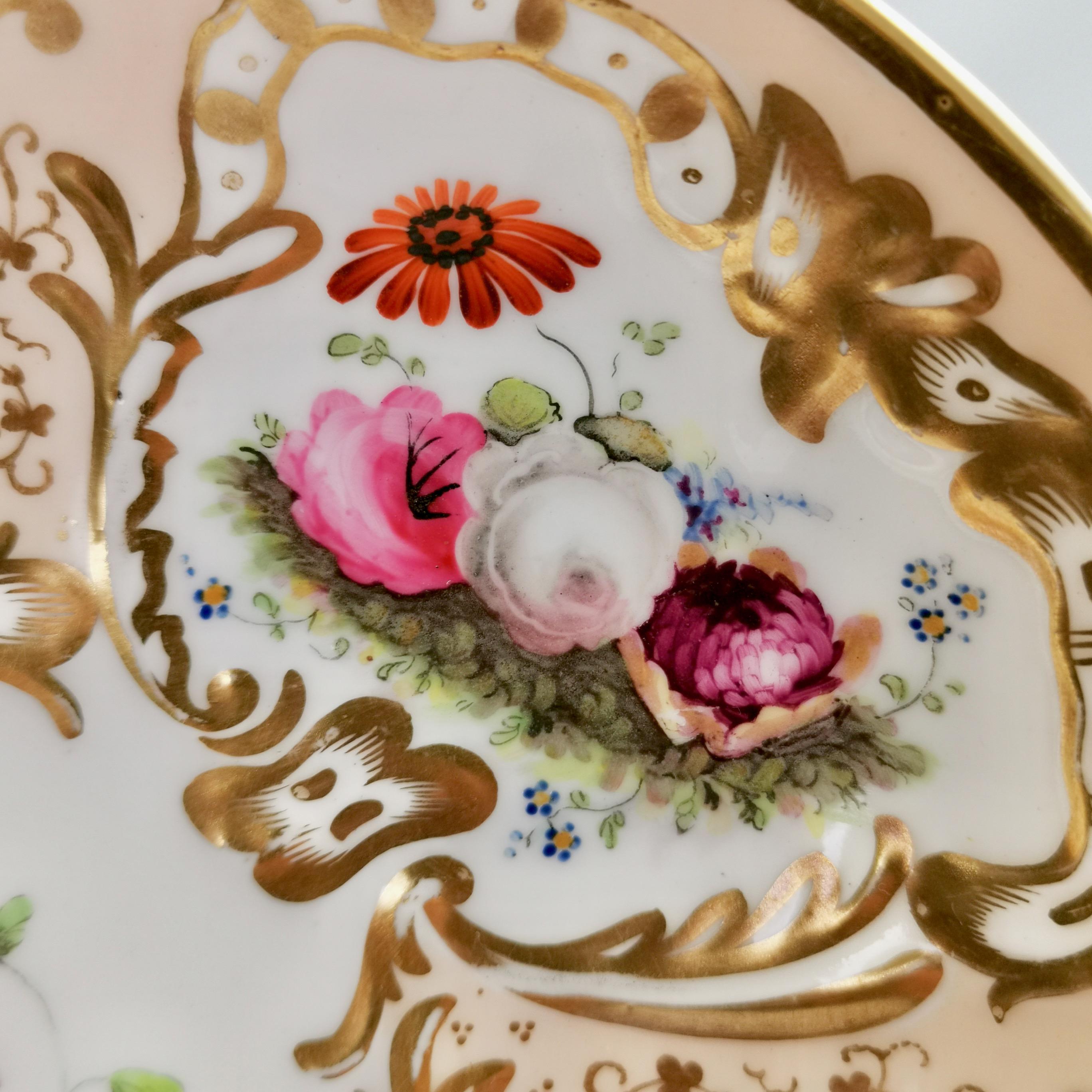 English Davenport Porcelain Serving Dish, Salmon, Gilt and Flowers, circa 1830