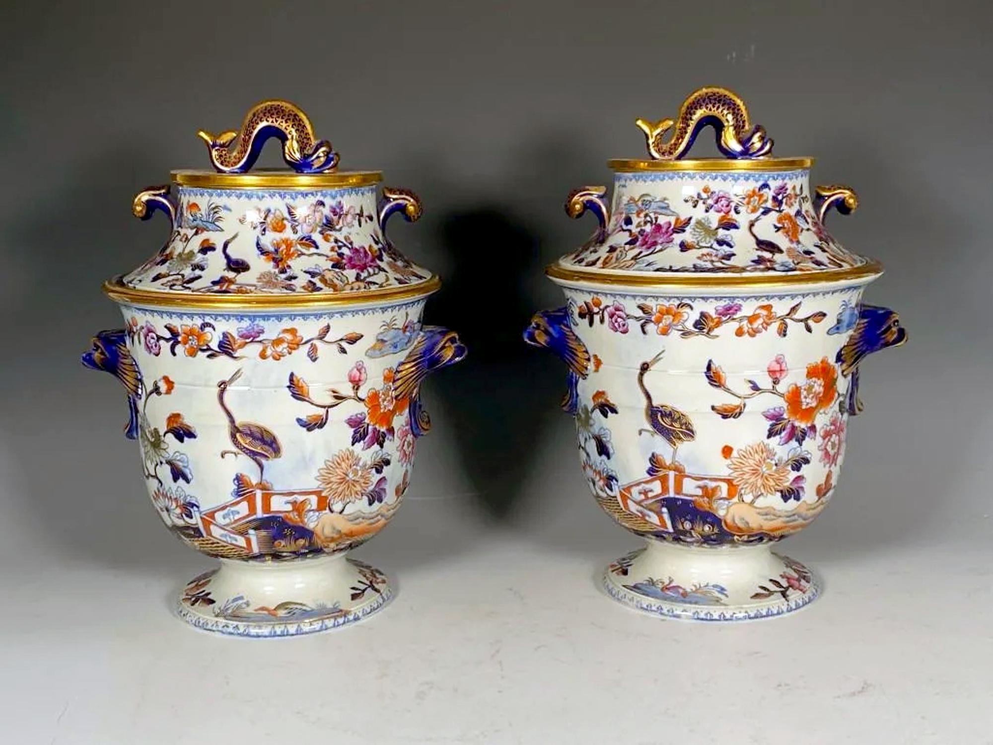 Georgian Davenport Imari stone China Chinoiserie fruit coolers,
Stork Pattern,
1805-20

The Davenport Stone China or ironstone fruit coolers are each in four parts, each with an ice pail, liner, collar, and cover. They are decorated in a pattern