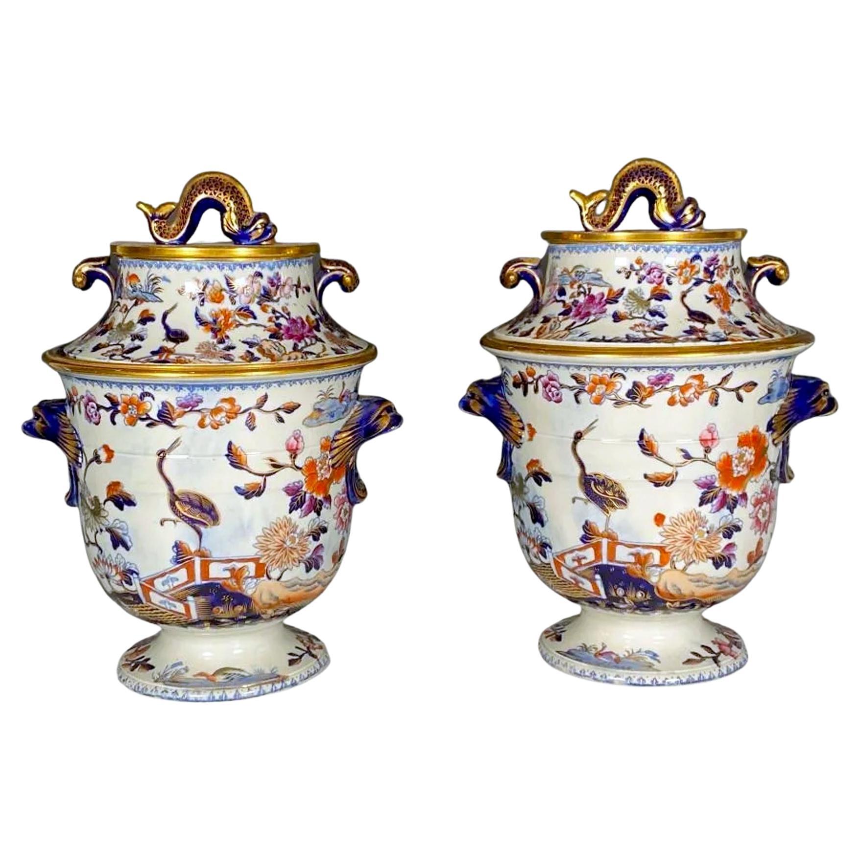 Davenport Stone China Chinoiserie Fruit Coolers in "Stork" Pattern
