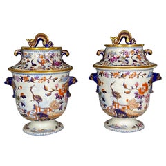 Antique Davenport Stone China Chinoiserie Fruit Coolers in "Stork" Pattern