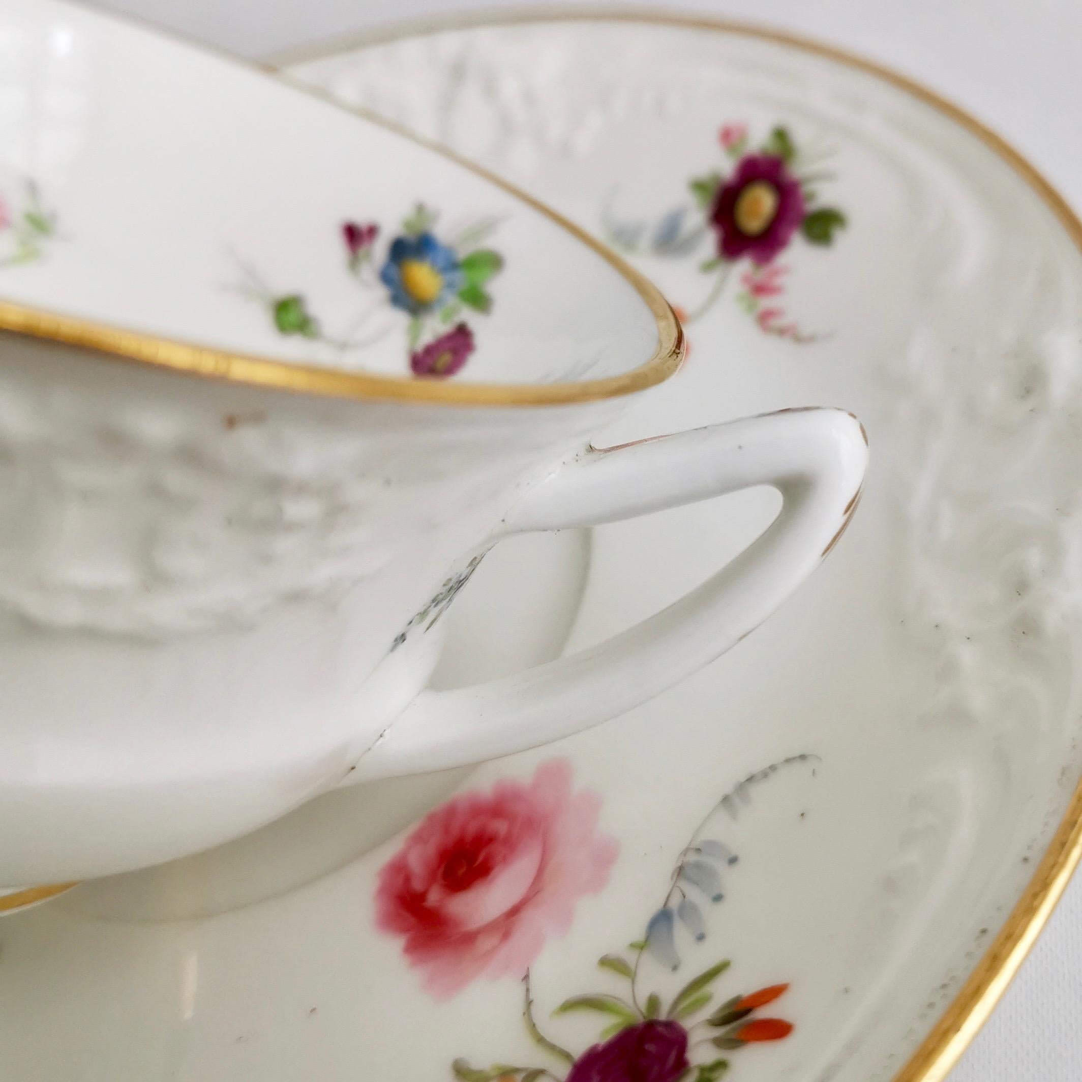 Hand-Painted Davenport Porcelain Teacup, White with Hand Painted Flowers, circa 1820