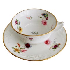 Davenport Porcelain Teacup, White with Hand Painted Flowers, circa 1820