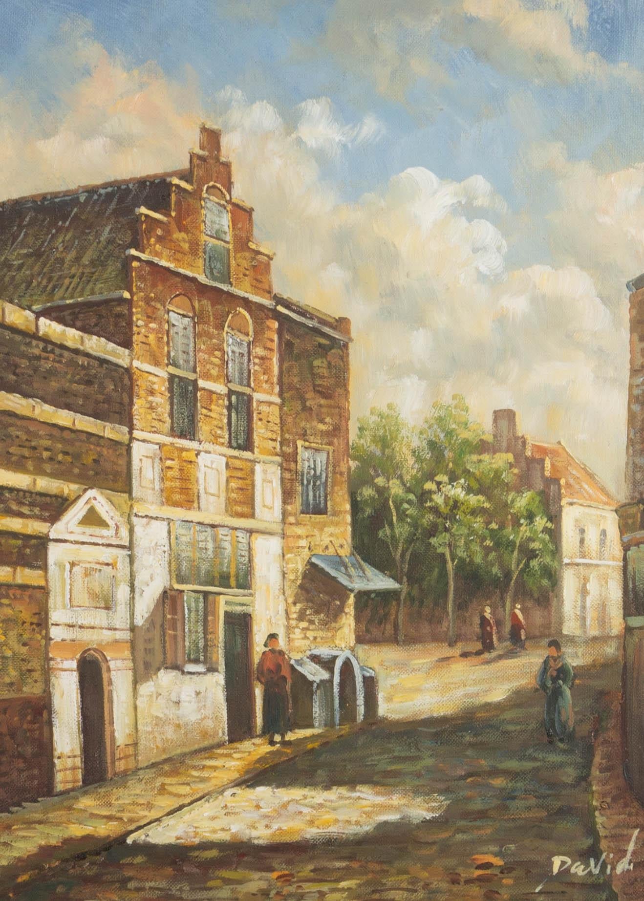 A historical scene on a Dutch street. Presented in a substantial black and gilt-effect wooden frame. Signed to the lower-right edge. On canvas on stretchers.
