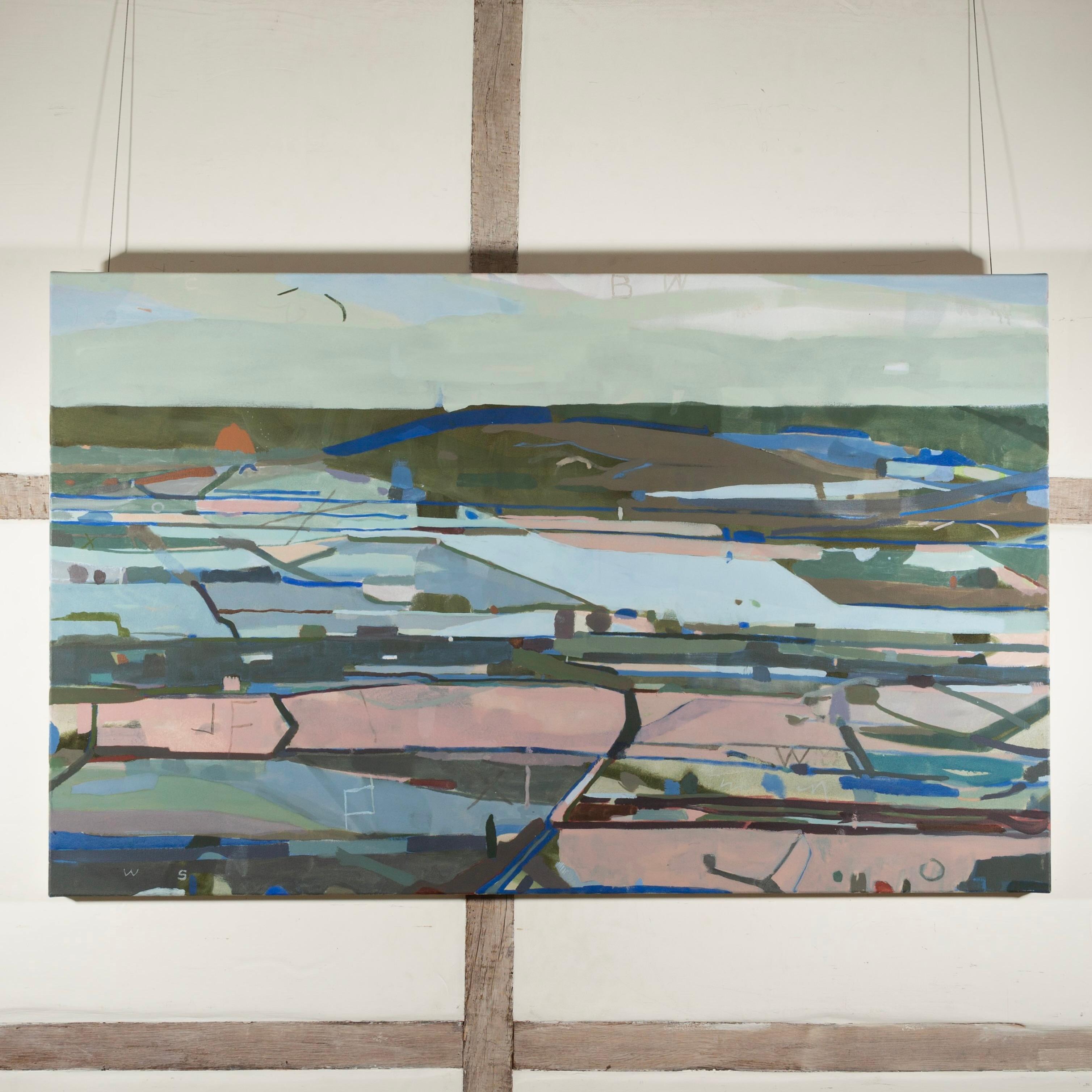 A Crop of Rocks (aprile), 2024 - Pittura di paesaggio contemporanea con rosa e blu - Painting di David Abbott