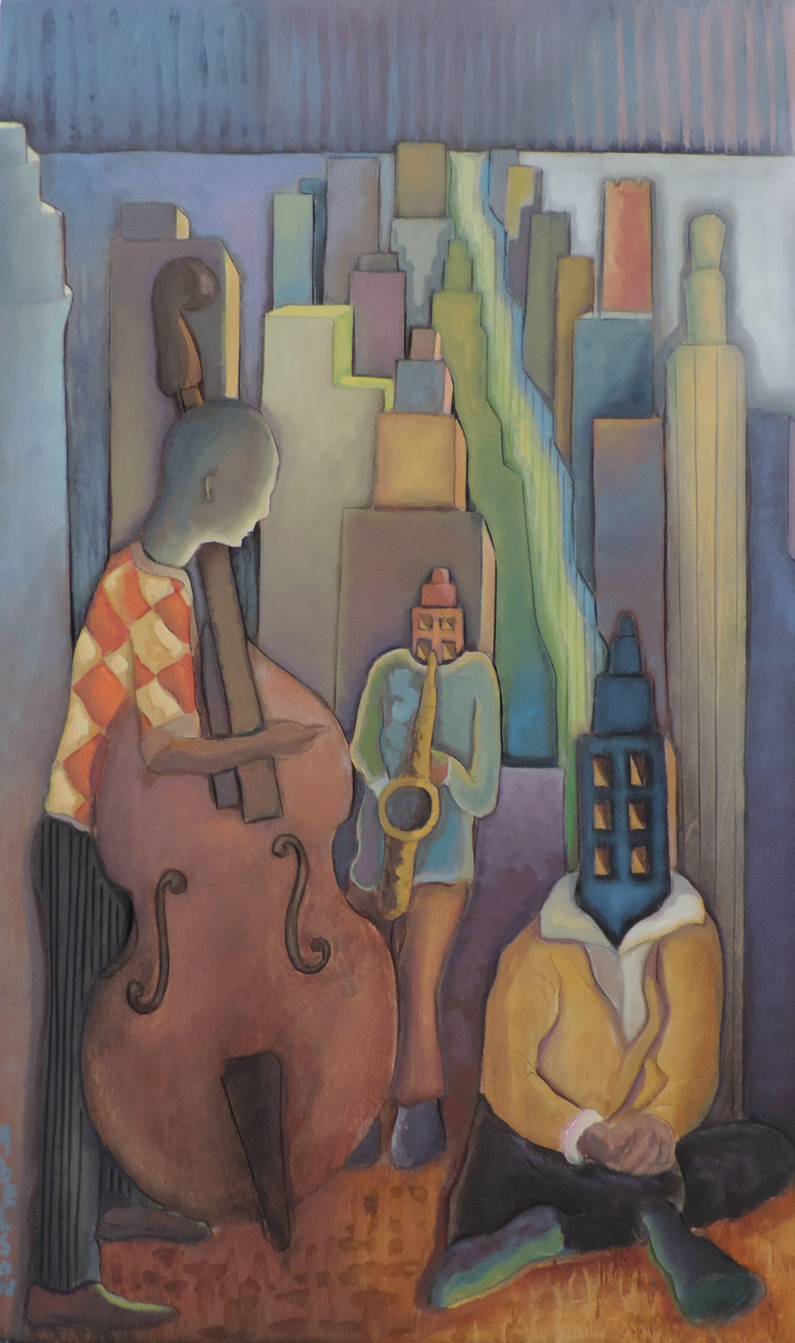 JAZZ BAND, Mixed Media on Wood Panel - Mixed Media Art by David Abelson