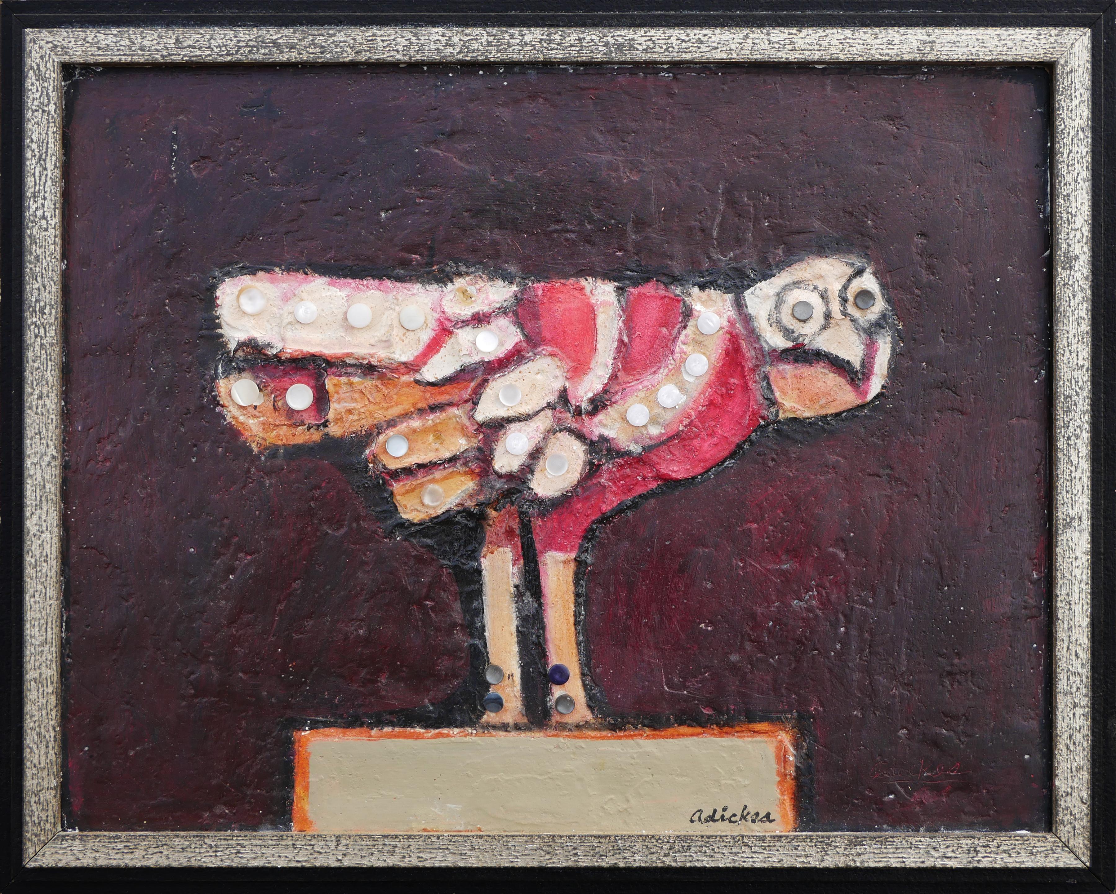 David Adickes Animal Painting - "Abstract Owl with Buttons Against Maroon" Modern Owl Mixed Media Painting 